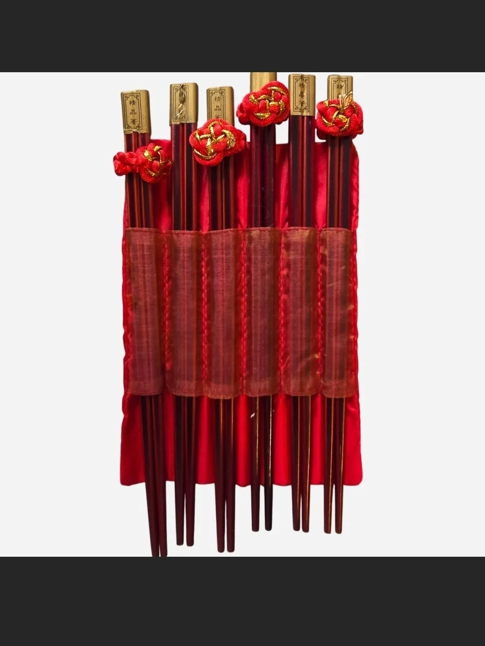 Set of 7 Pairs of Decorative Wood Chopsticks with Fabric Roll Case